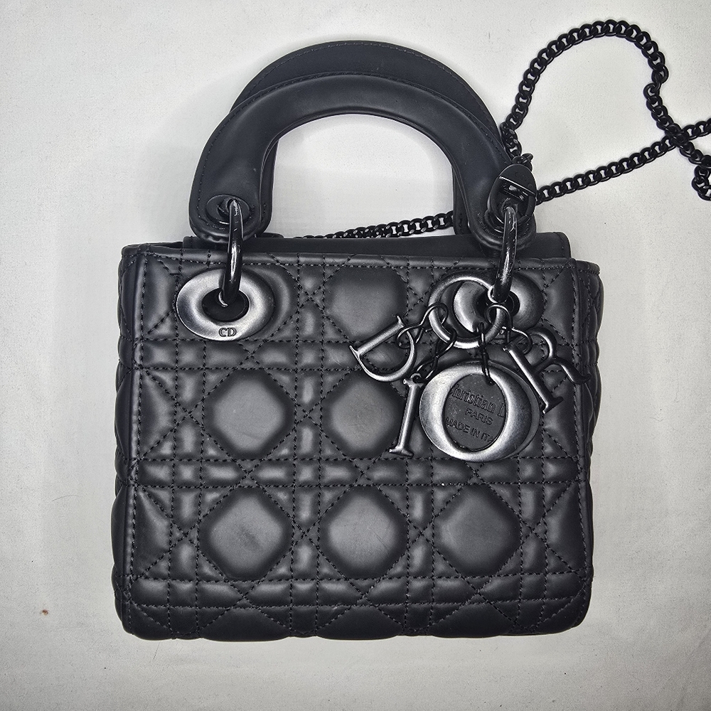 Christian Dior Mini Lady Dior Black Cannage Calfskin Matte Top Handle Crossbody
